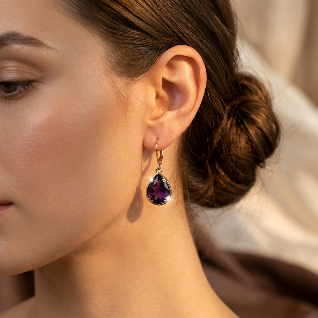 Boucles d'oreilles en or avec goutte d'améthyste — Doumira