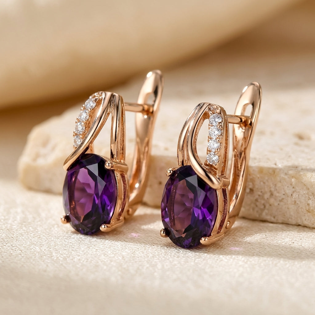 Boucles d'oreilles créoles en or et améthyste — Doumira