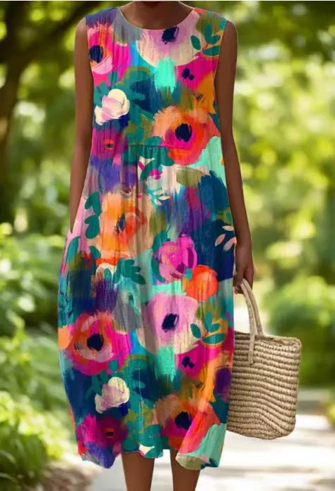 Martine - Robe en Lin Fleurie Sans Manches Femme