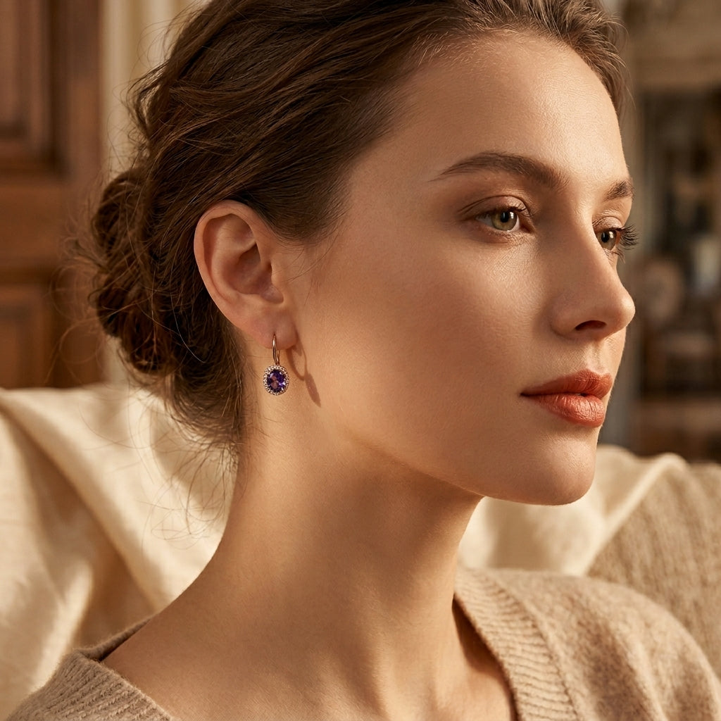 Boucles d'oreilles en couronne d'améthyste dorée — Doumira