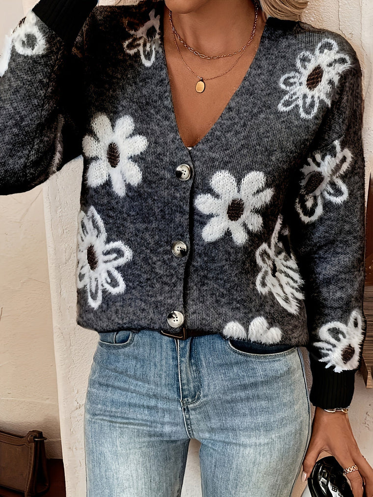 Sylvie - Cardigan Féminin Fleuri Boutonné