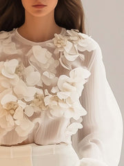 Delphine - Chemise Chiffon Élégante Fleurs 3D Femme