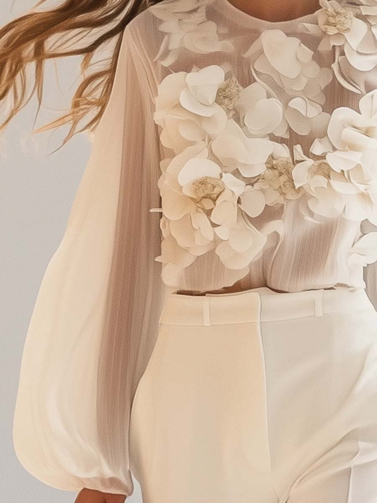 Delphine - Chemise Chiffon Élégante Fleurs 3D Femme