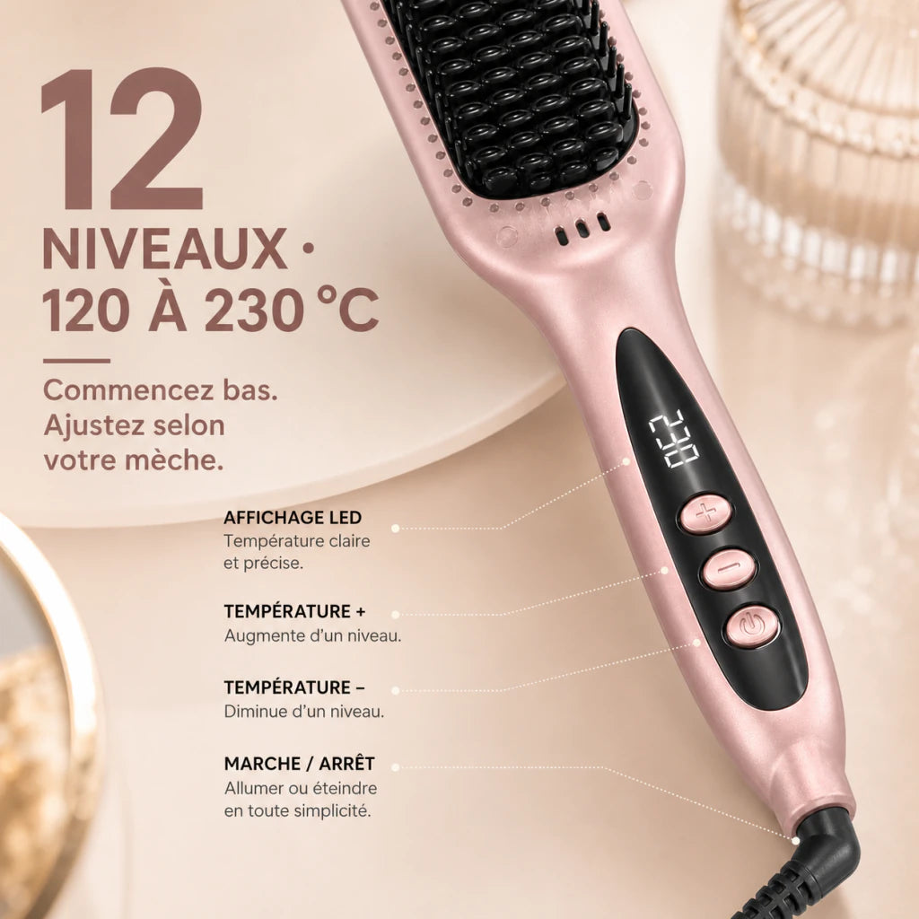 LumiBrush avec écran LED et douze niveaux de température de 120 à 230 degrés