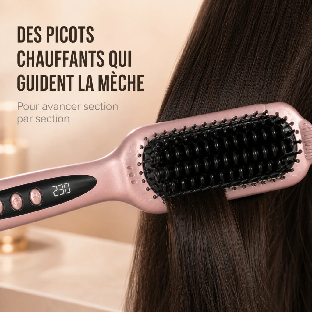 Picots chauffants de LumiBrush guidant une mèche pendant le coiffage