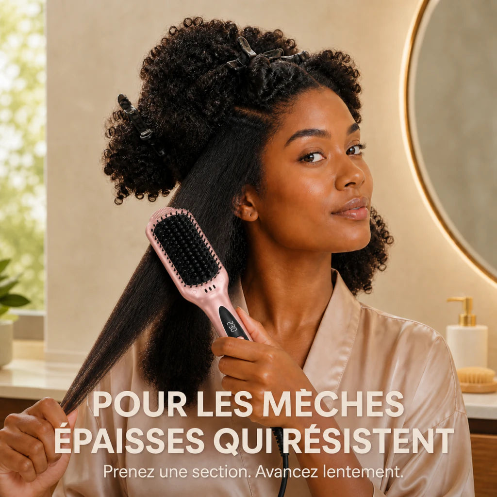 LumiBrush utilisée section par section sur des mèches épaisses texturées