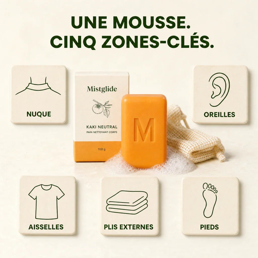 Cinq zones externes ciblées par la mousse du pain nettoyant au kaki