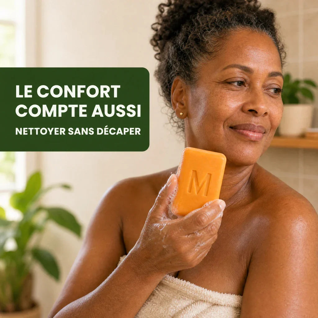 Femme à la peau mature utilisant le pain nettoyant corps Mistglide