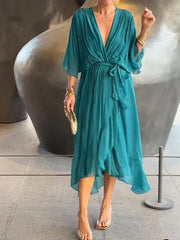 Robe Longue Femme en Mousseline Verte - Denise