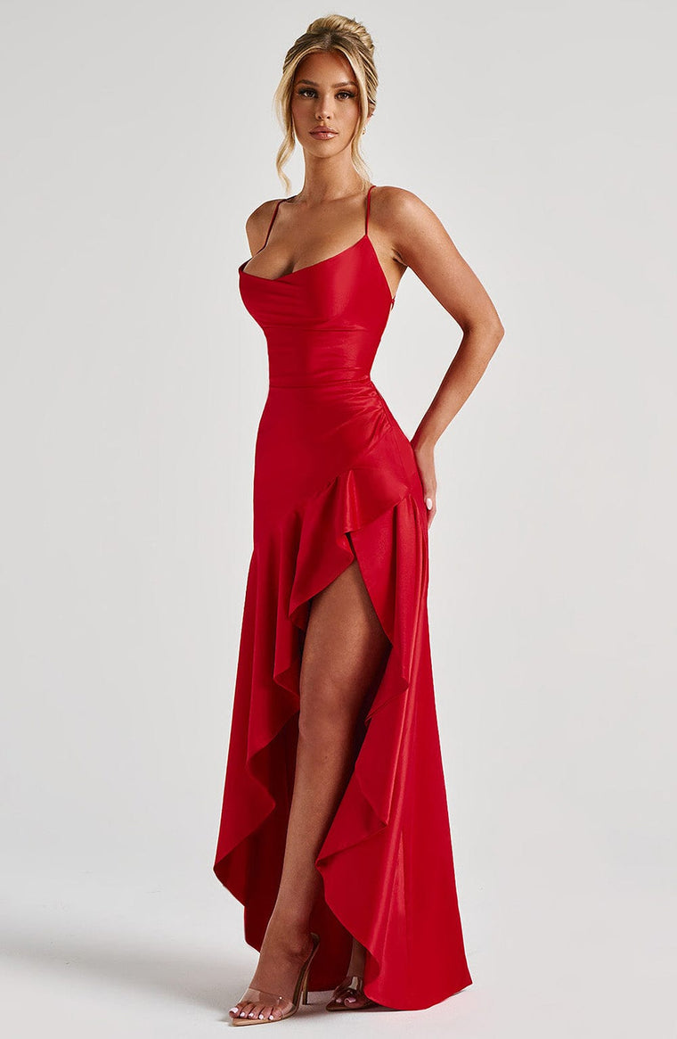 Delphine - Robe Longue Satinée à Fente Élégante