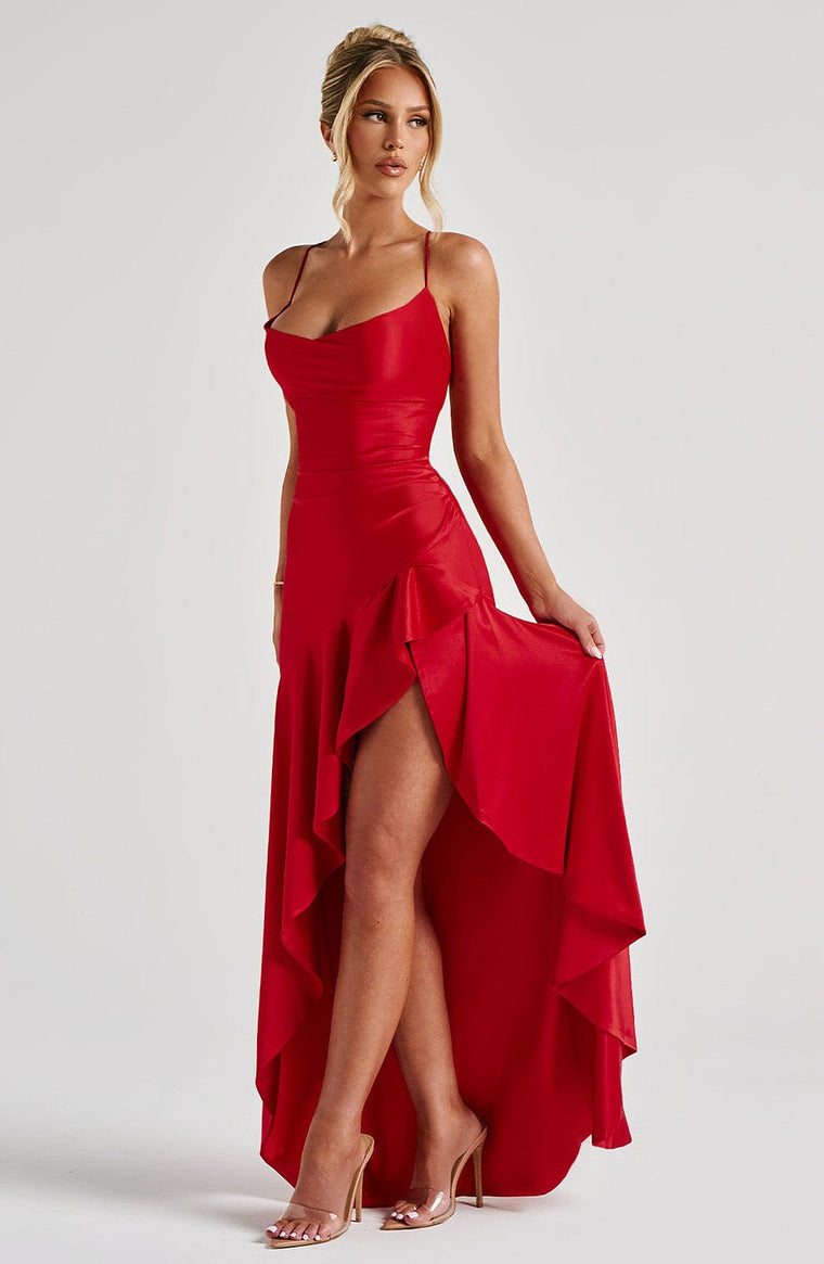 Delphine - Robe Longue Satinée à Fente Élégante