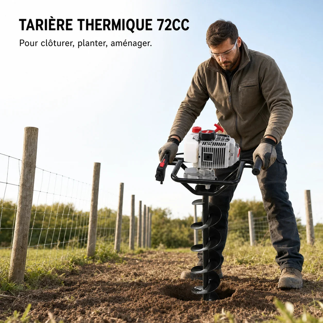 Tarière thermique 72cc – 2,5 kW pour clôtures et plantations