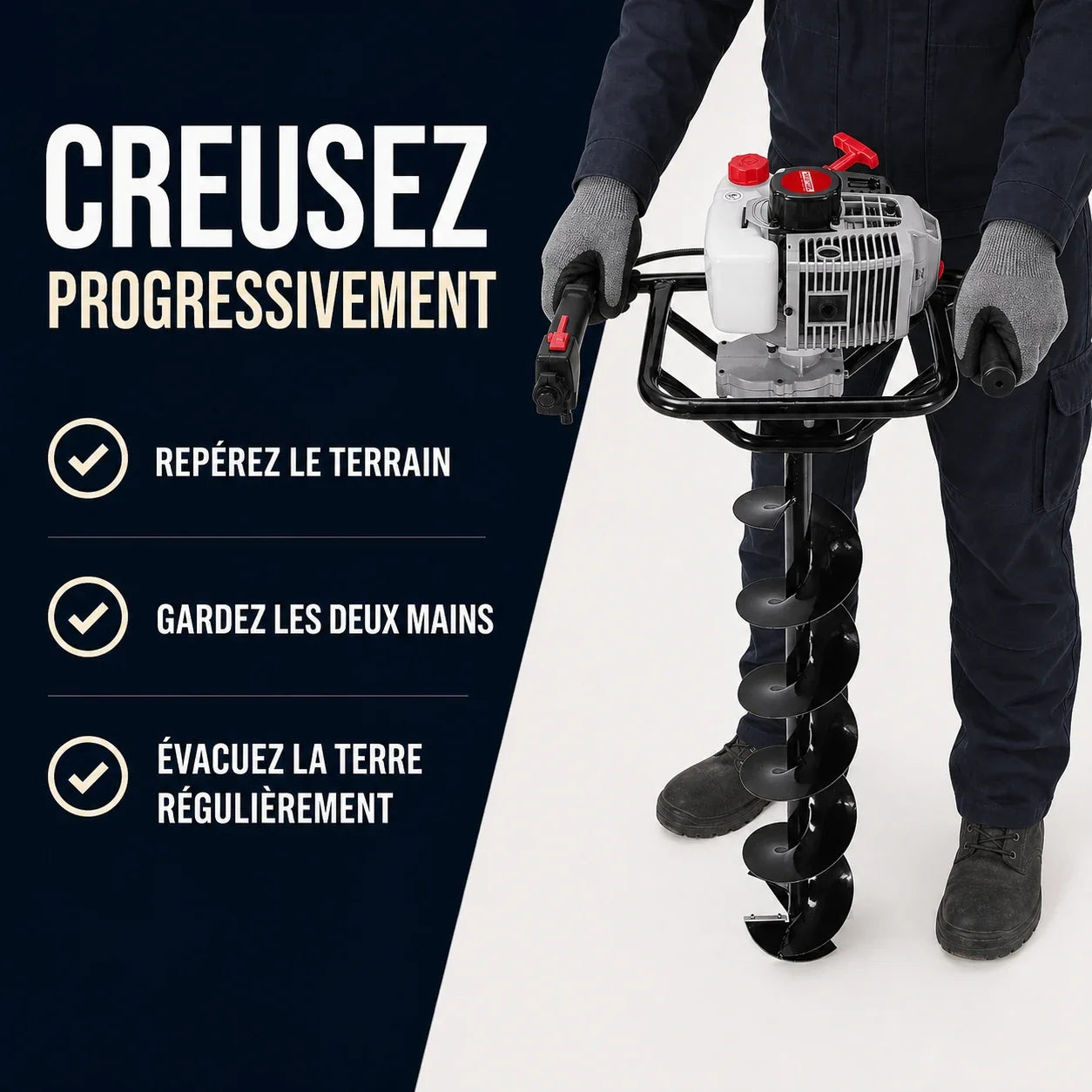 Tarière thermique 72cc – 2,5 kW pour clôtures et plantations