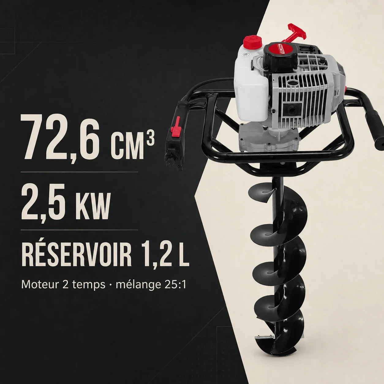 Tarière thermique 72cc – 2,5 kW pour clôtures et plantations