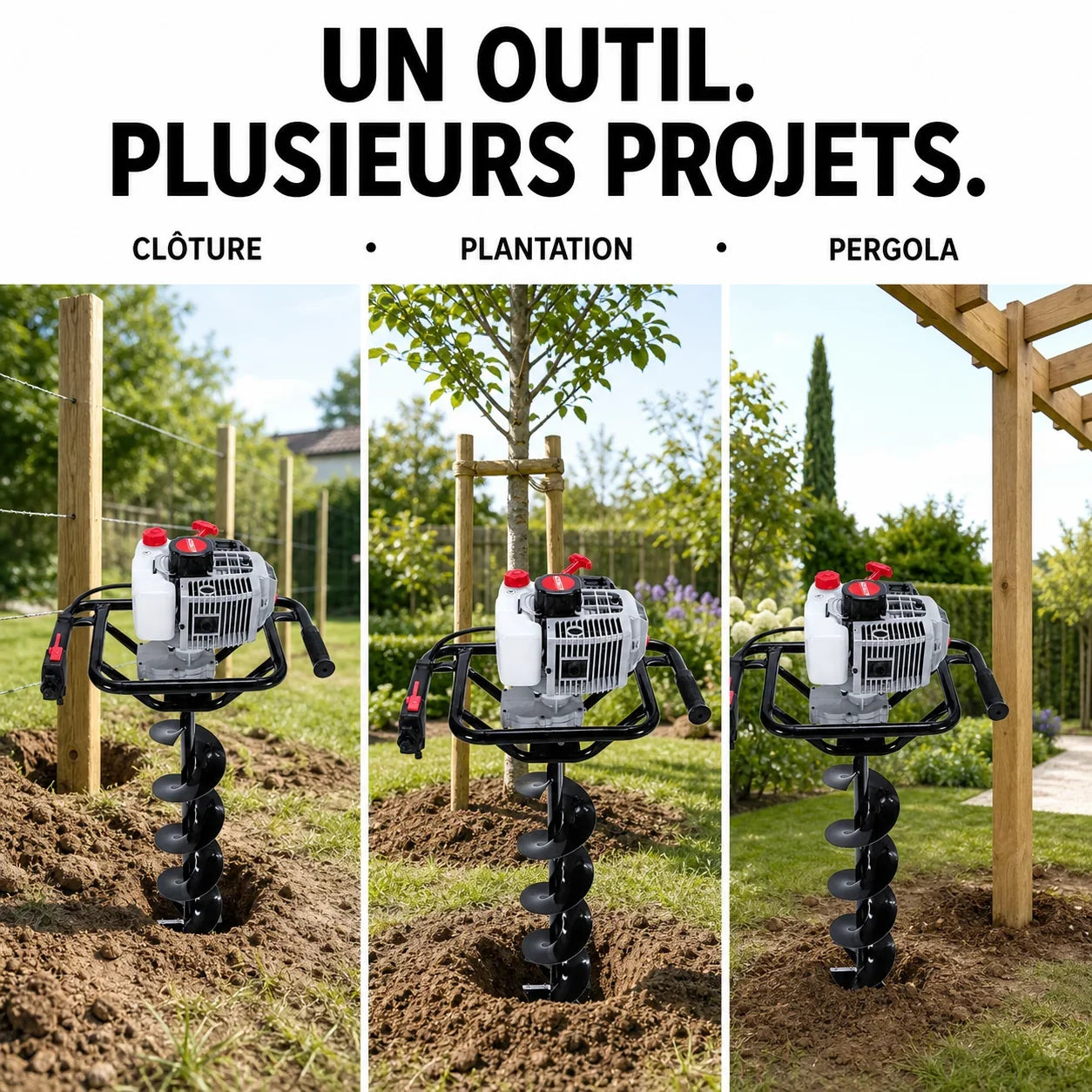 Tarière thermique 72cc – 2,5 kW pour clôtures et plantations