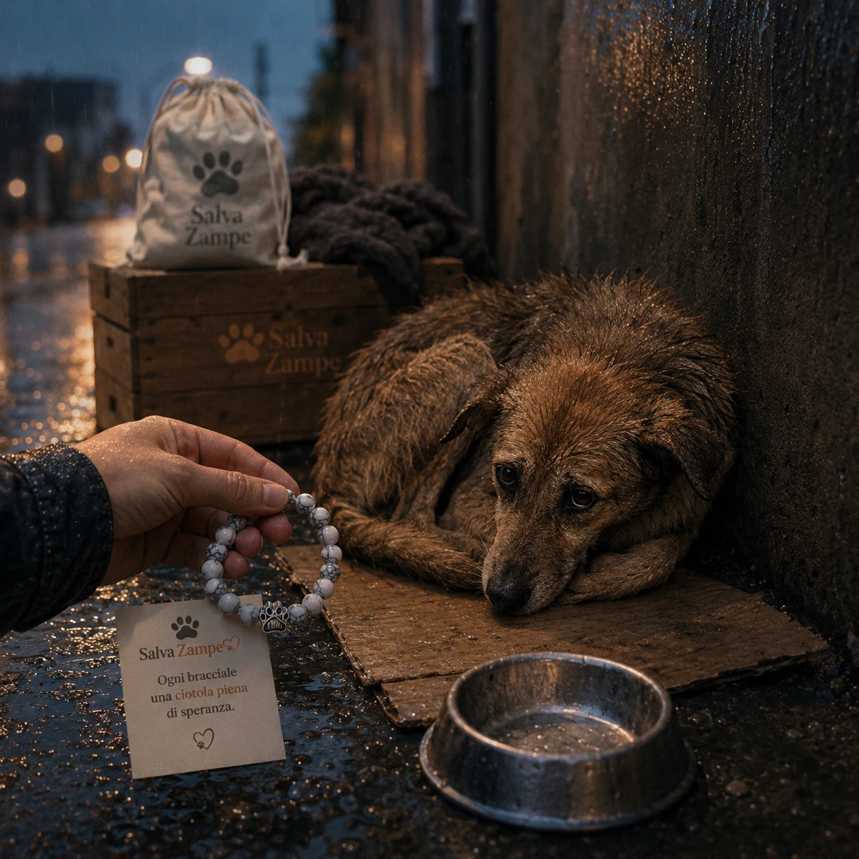 Chien des rues près d’une gamelle vide avant de recevoir de l’aide