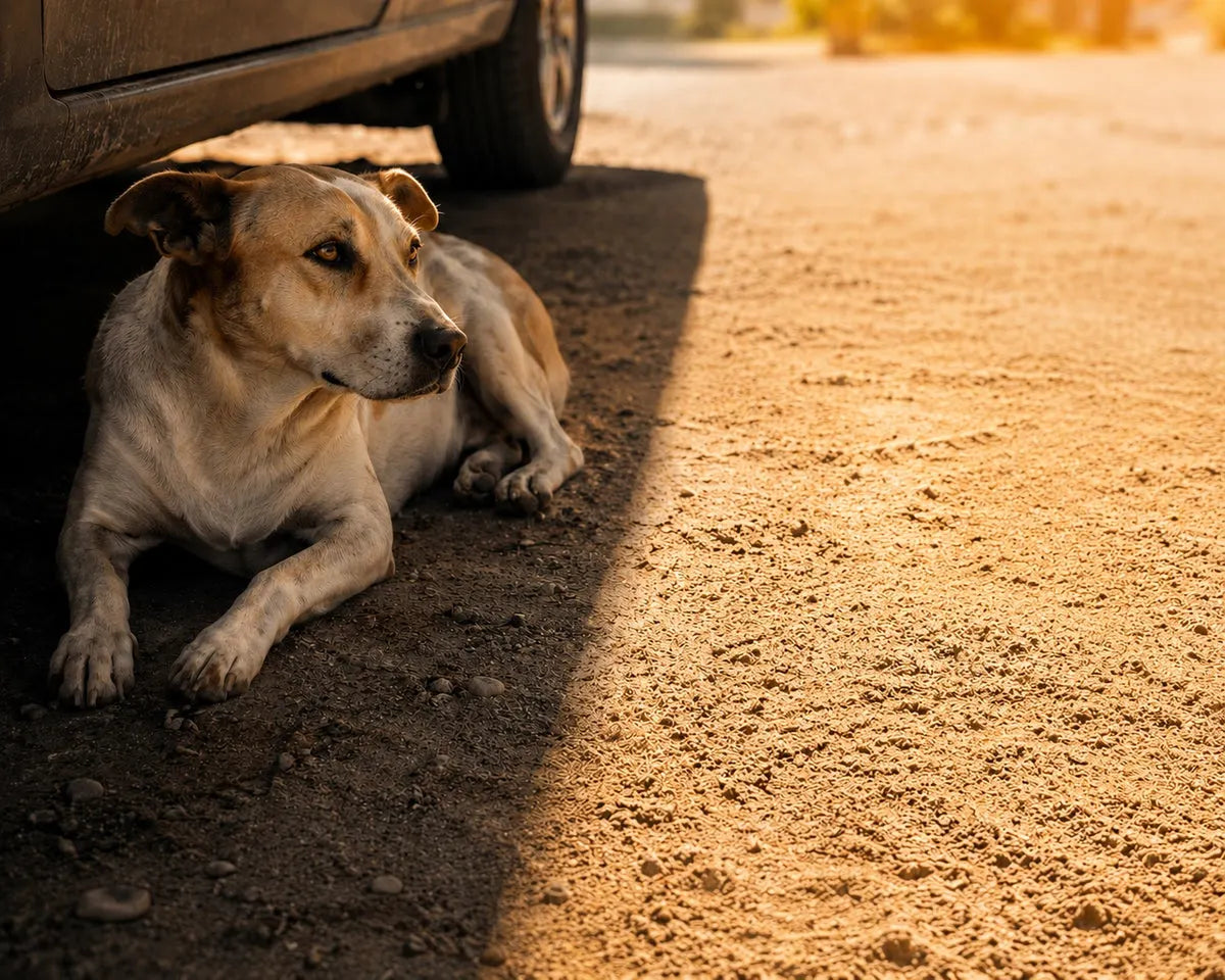 Chien cherchant de l’ombre pendant une journée très chaude