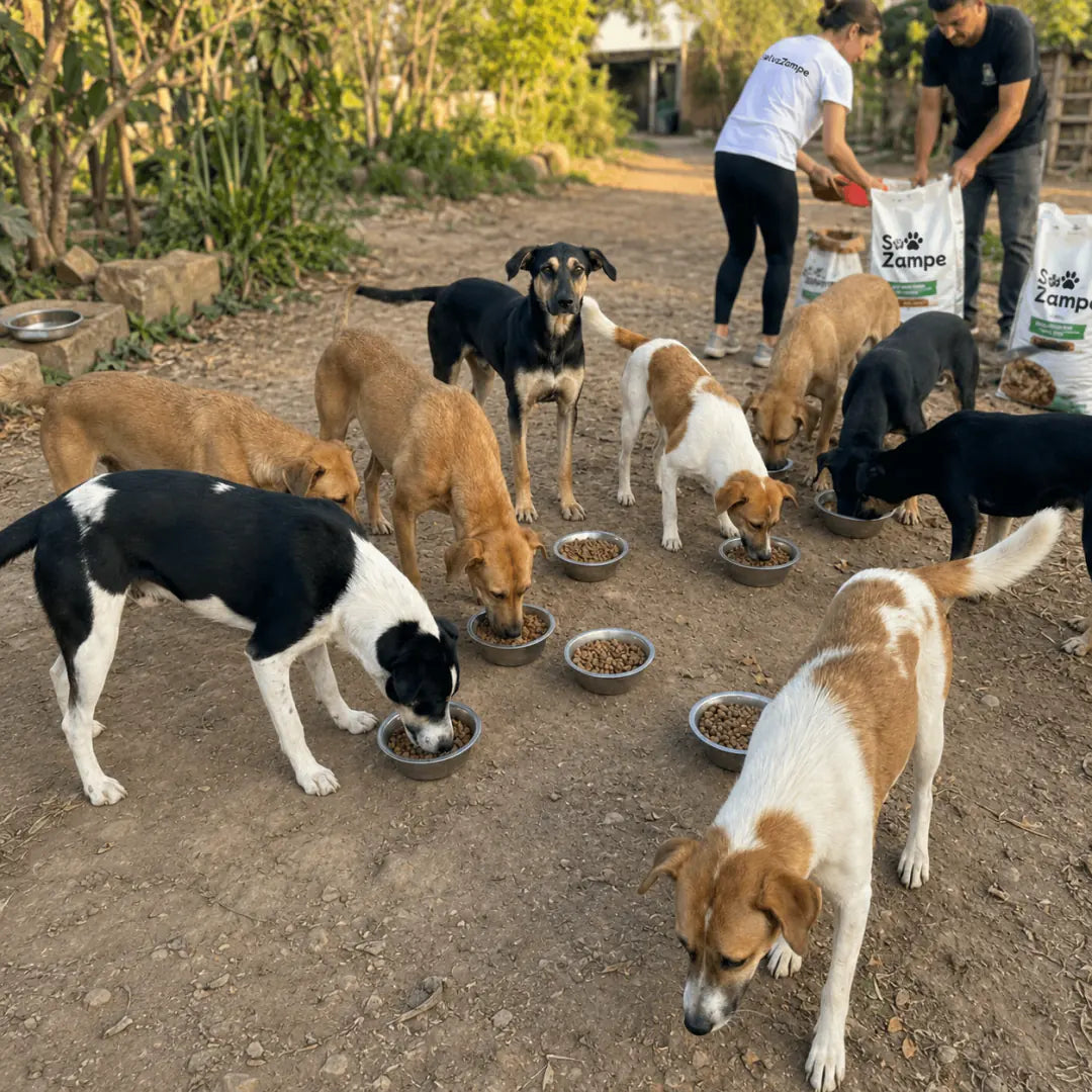 Chiens aidés pendant une opération de nourrissage mywoobles